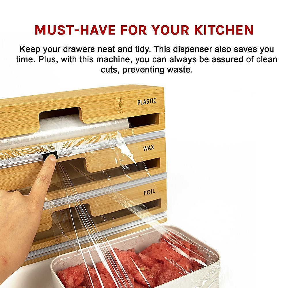 Kitchen Utensils: 3 Grids Bamboo Food Wrap Dispenser Cutter Foil Cling Film Storage Holder Box Kitchen