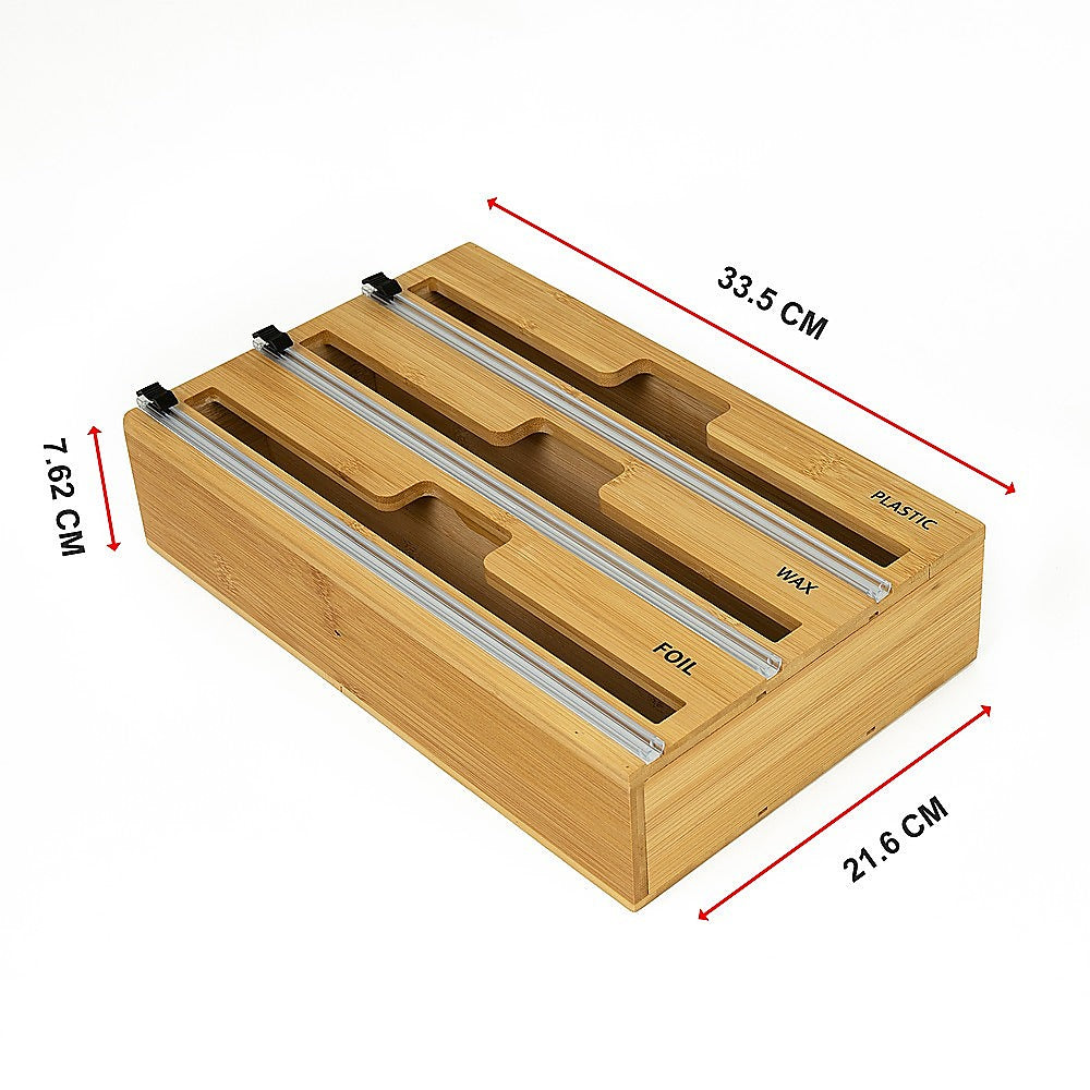 Kitchen Utensils: 3 Grids Bamboo Food Wrap Dispenser Cutter Foil Cling Film Storage Holder Box Kitchen