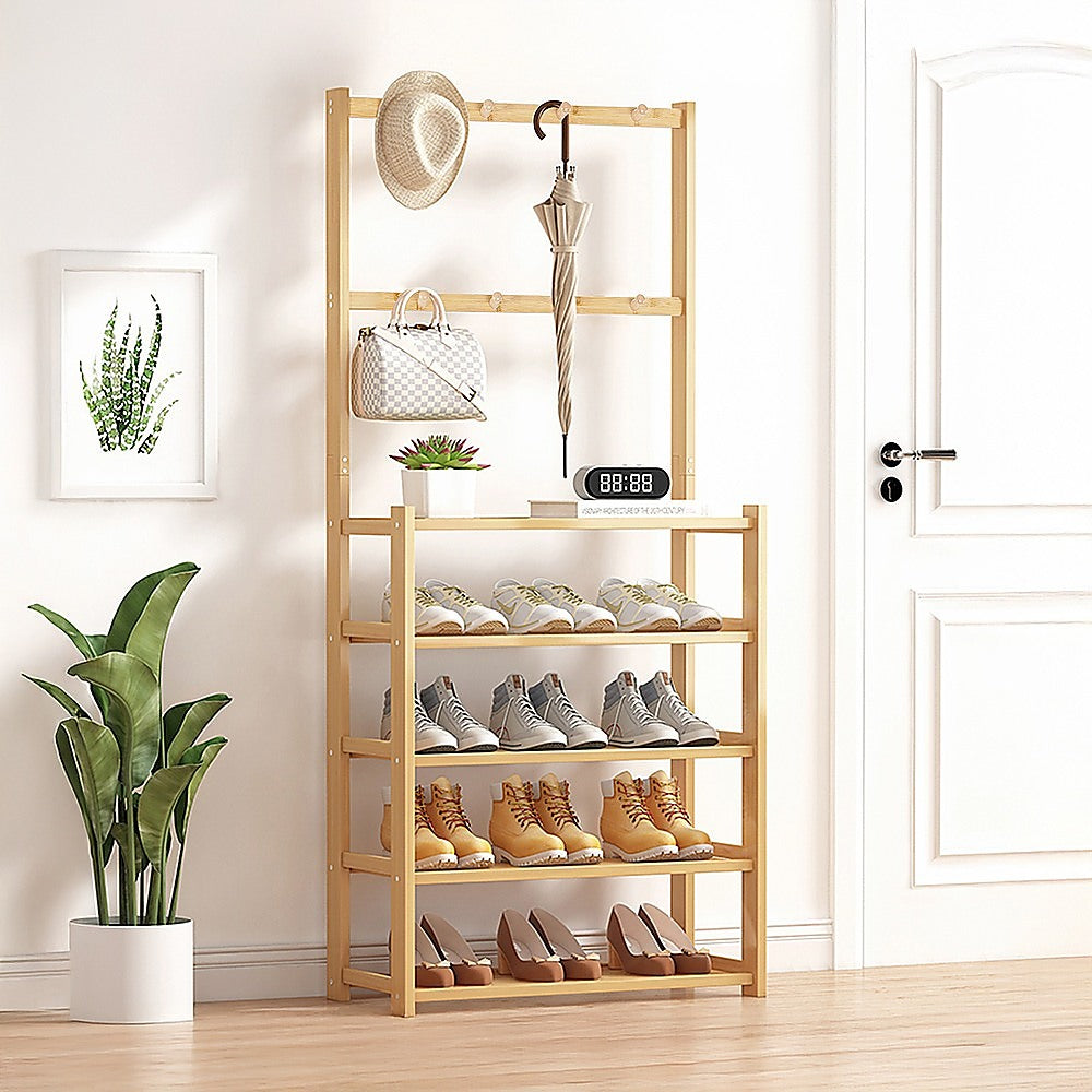 Coat Racks: Large Wooden 5 Tiers Hat Coat Stand Clothes Shoe Rack Hanger Hooks Shelf Storage