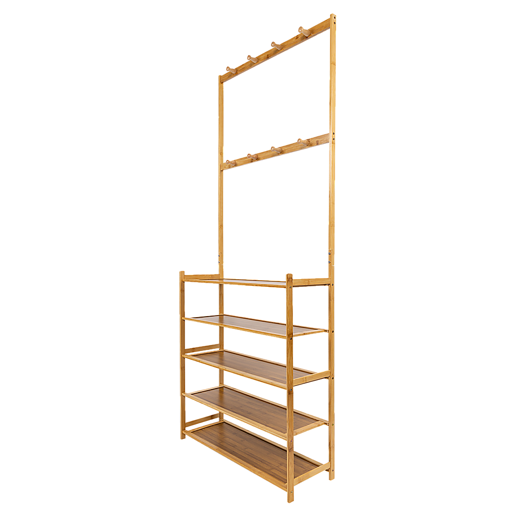 Coat Racks: Large Wooden 5 Tiers Hat Coat Stand Clothes Shoe Rack Hanger Hooks Shelf Storage