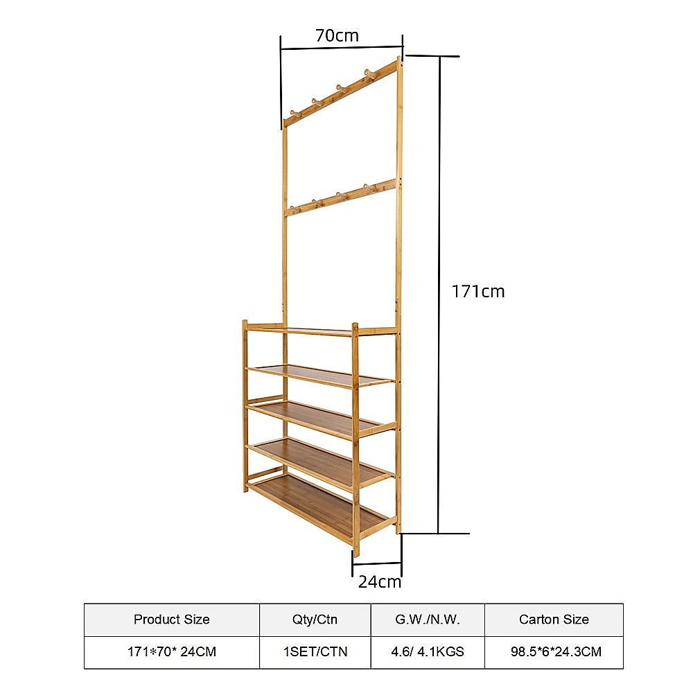 Coat Racks: Large Wooden 5 Tiers Hat Coat Stand Clothes Shoe Rack Hanger Hooks Shelf Storage