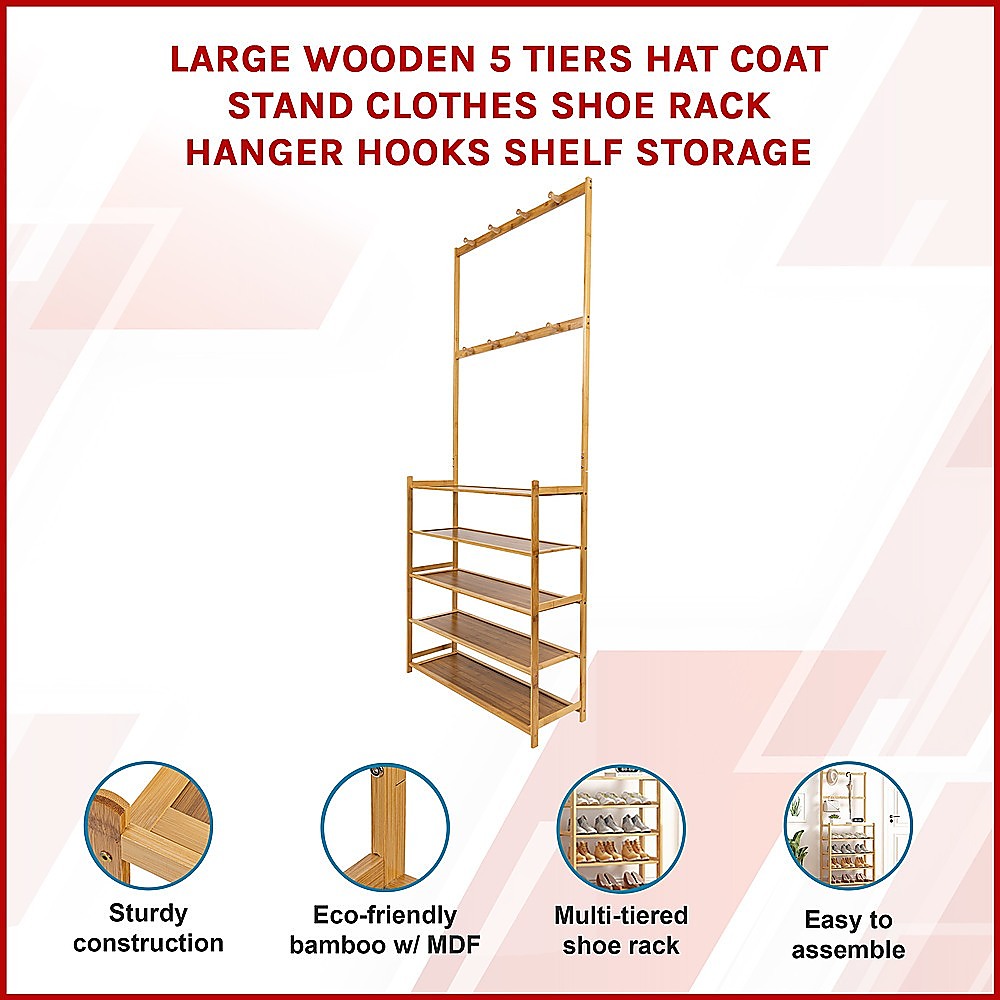 Coat Racks: Large Wooden 5 Tiers Hat Coat Stand Clothes Shoe Rack Hanger Hooks Shelf Storage