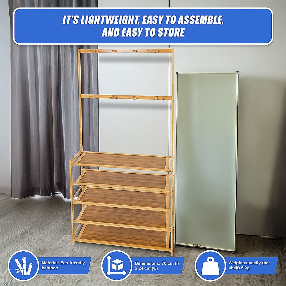 Coat Racks: Large Wooden 5 Tiers Hat Coat Stand Clothes Shoe Rack Hanger Hooks Shelf Storage