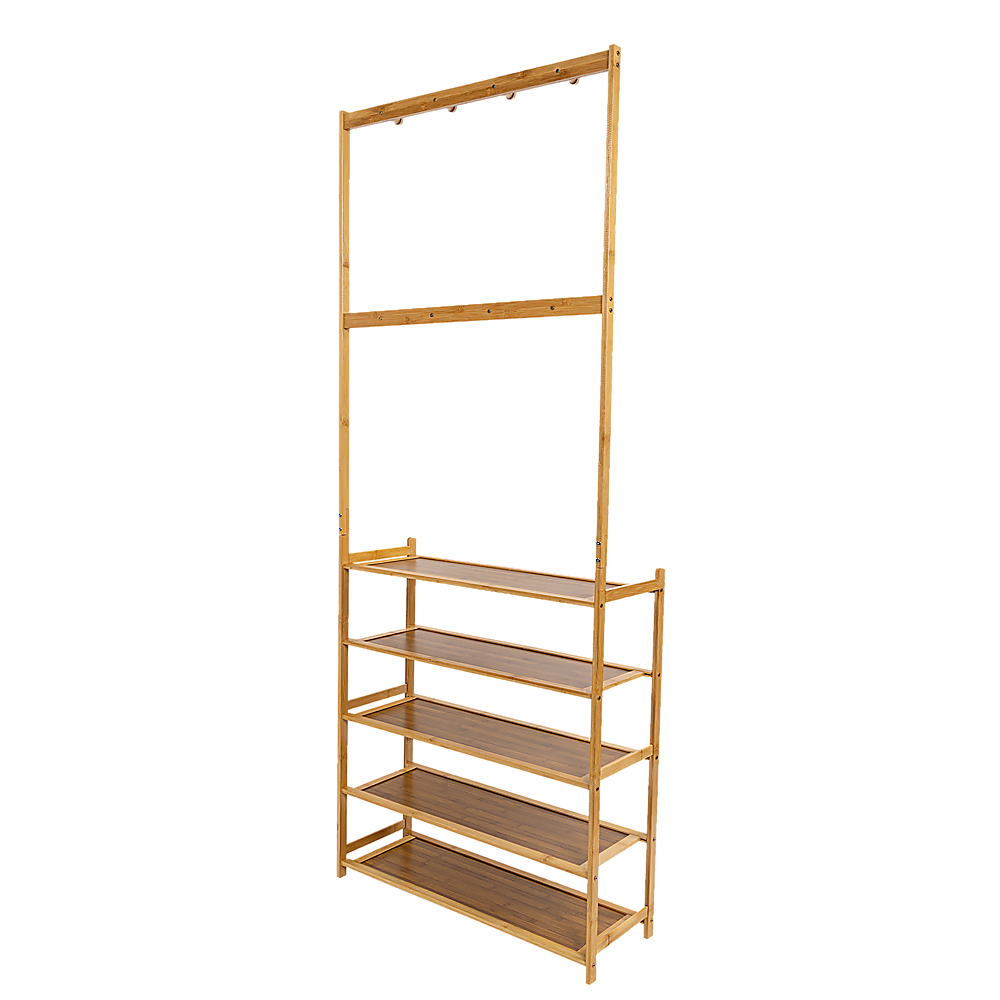Coat Racks: Large Wooden 5 Tiers Hat Coat Stand Clothes Shoe Rack Hanger Hooks Shelf Storage