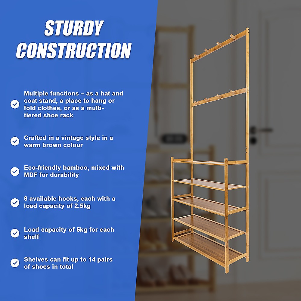 Coat Racks: Large Wooden 5 Tiers Hat Coat Stand Clothes Shoe Rack Hanger Hooks Shelf Storage