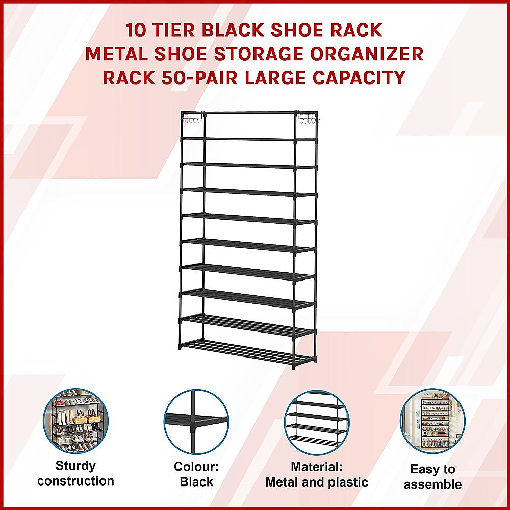 Shoe Storage: 10-Tier Metal Shoe Rack Black  Large 50-Pair Shoe Storage Organiser Shelf