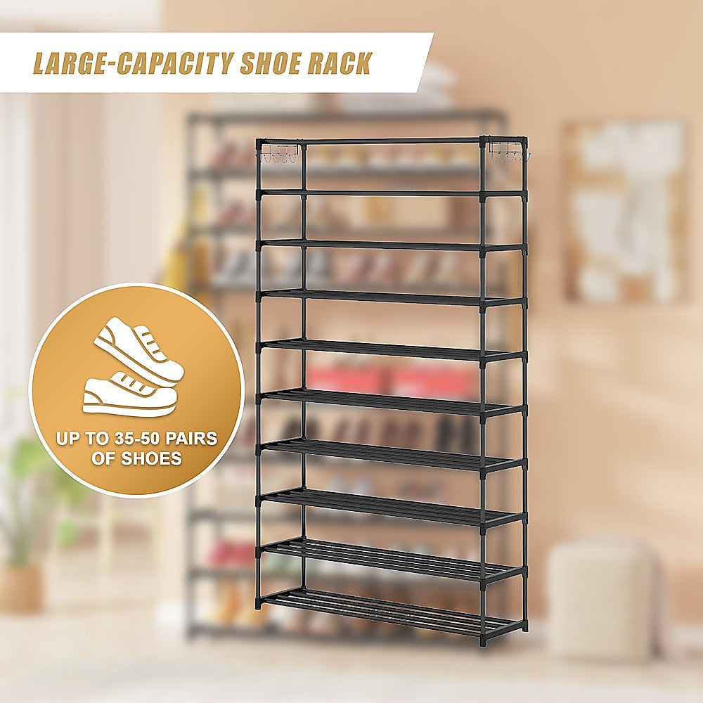 Shoe Storage: 10-Tier Metal Shoe Rack Black  Large 50-Pair Shoe Storage Organiser Shelf