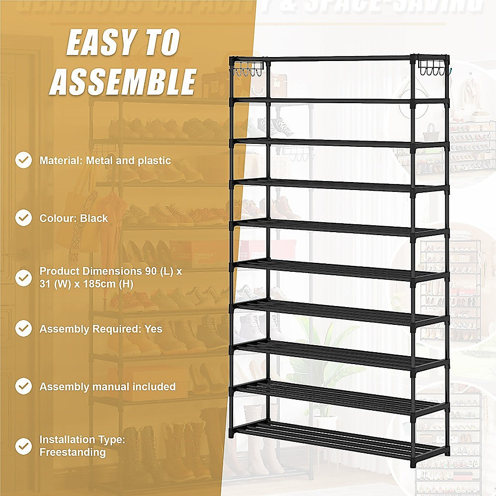 Shoe Storage: 10-Tier Metal Shoe Rack Black  Large 50-Pair Shoe Storage Organiser Shelf