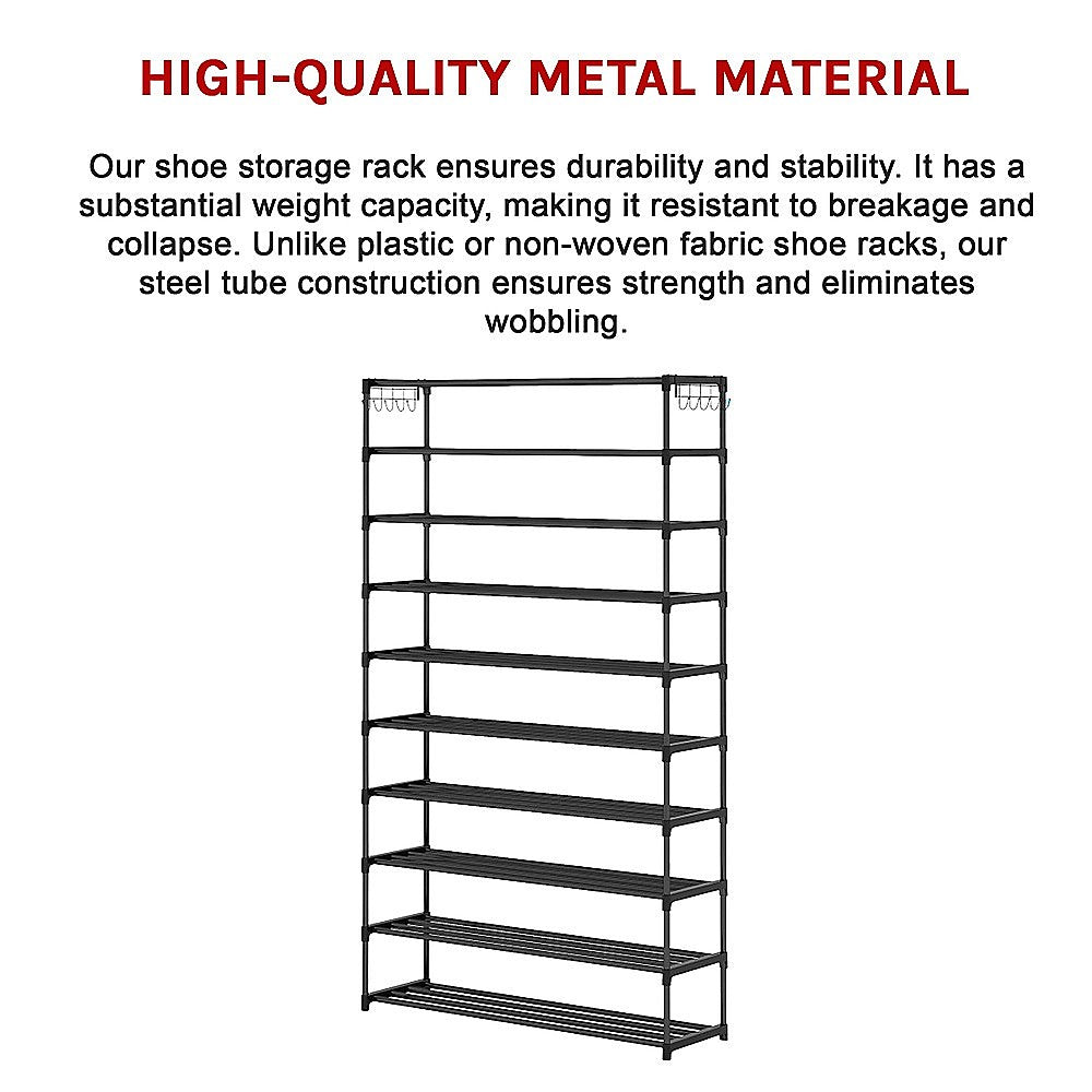 Shoe Storage: 10-Tier Metal Shoe Rack Black  Large 50-Pair Shoe Storage Organiser Shelf