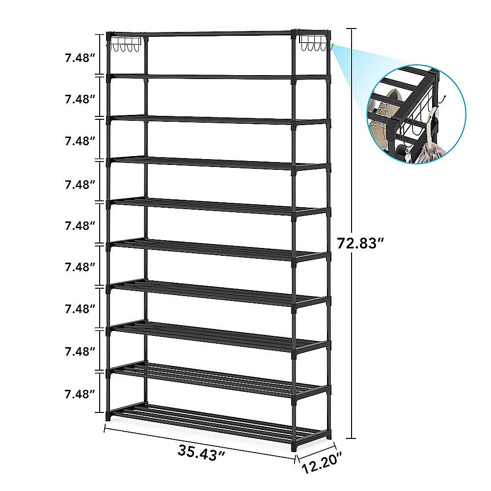 Shoe Storage: 10-Tier Metal Shoe Rack Black  Large 50-Pair Shoe Storage Organiser Shelf
