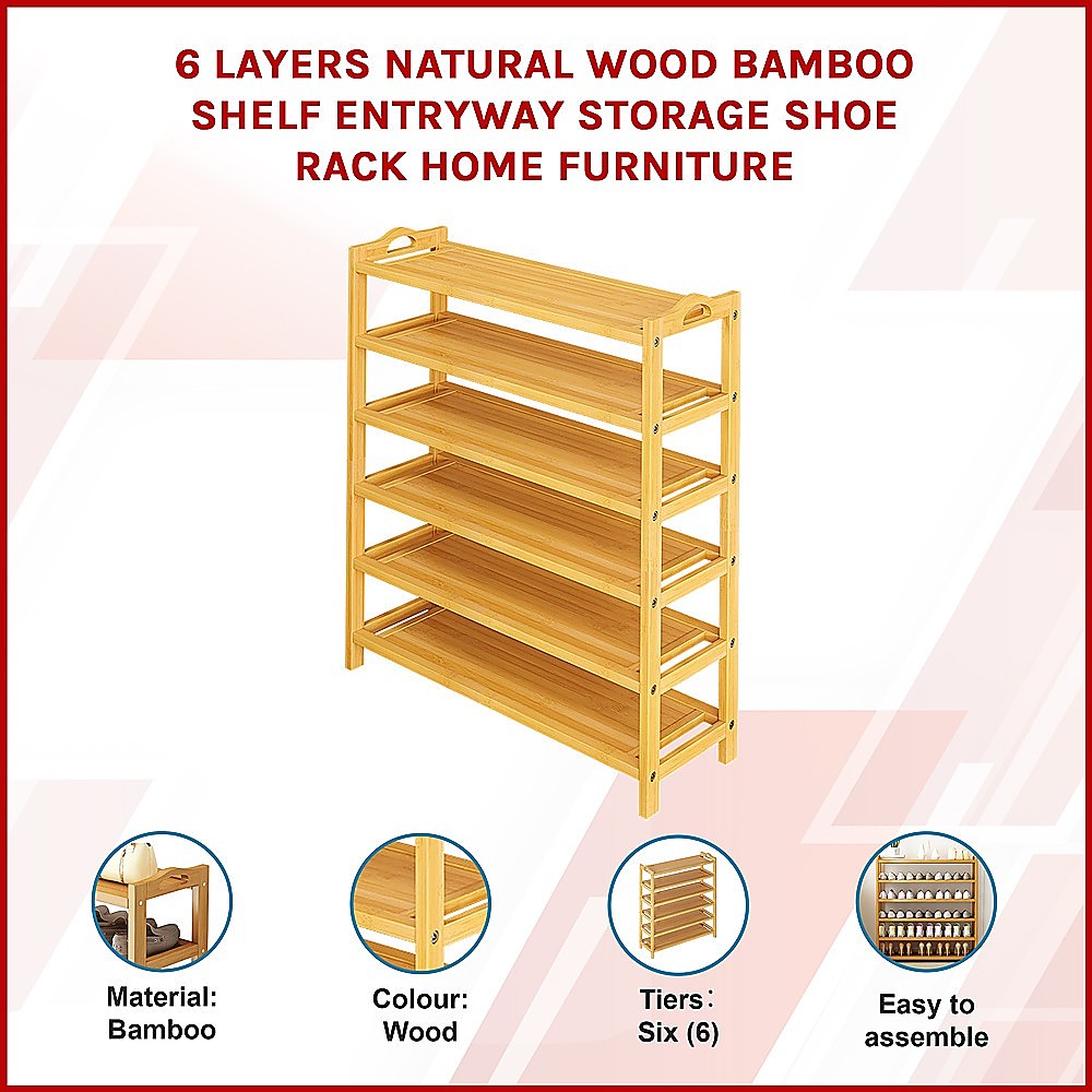 Shoe Storage: 6 Layers Natural Wood Bamboo Shelf Entryway Storage Shoe Rack Home Furniture