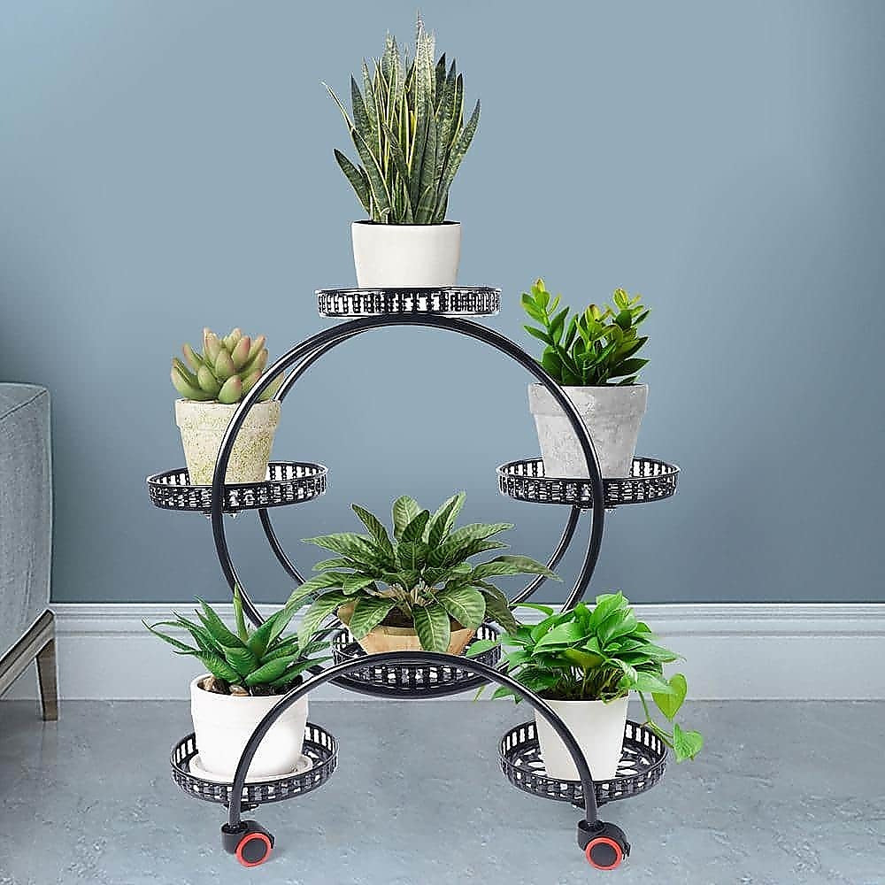 Pots, Planters & Accessories: 4 Layer 6 Pots Flower Holder Plant Stand Shelf 4-Wheel Free Moving Rack