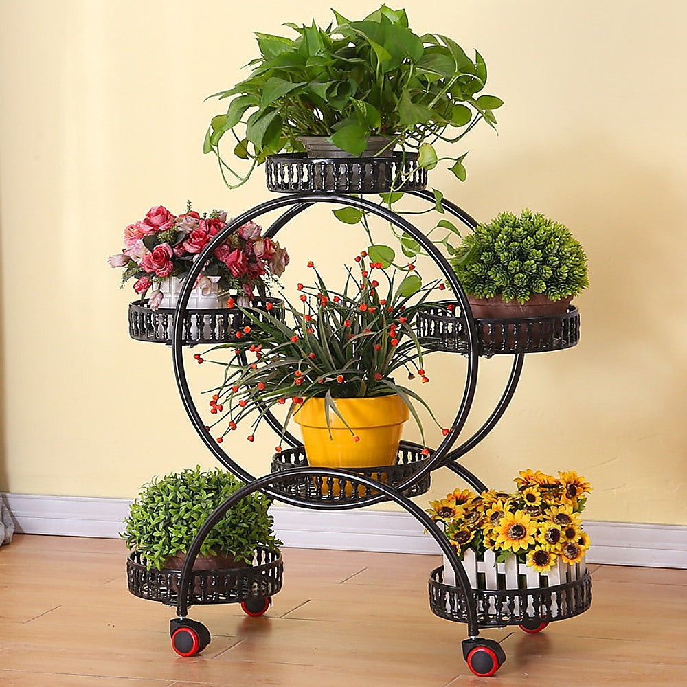 Pots, Planters & Accessories: 4 Layer 6 Pots Flower Holder Plant Stand Shelf 4-Wheel Free Moving Rack