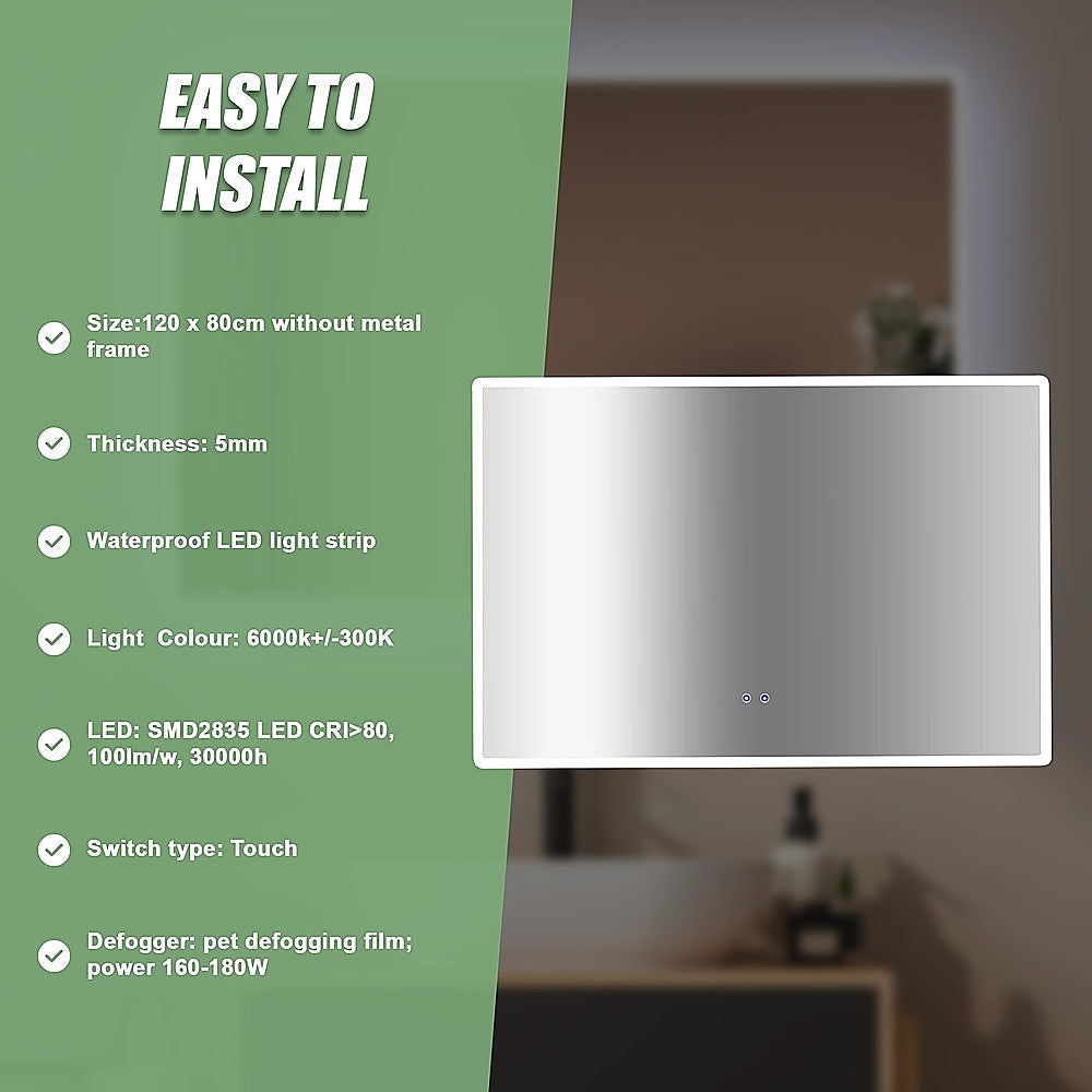 Rectangular Mirror LED Anti-Fog Illuminated Bathroom Living Room - 120x80cm