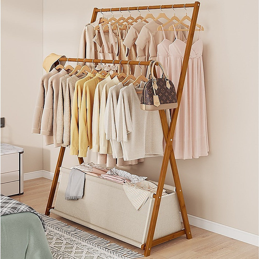 Clothing & Wardrobe Storage: 100x155cm Dark Wood Clothes Rail Garment Rack with Freestanding Storage Shelf
