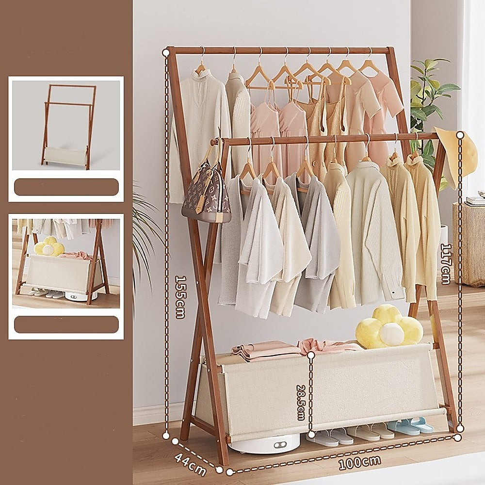 Clothing & Wardrobe Storage: 100x155cm Dark Wood Clothes Rail Garment Rack with Freestanding Storage Shelf