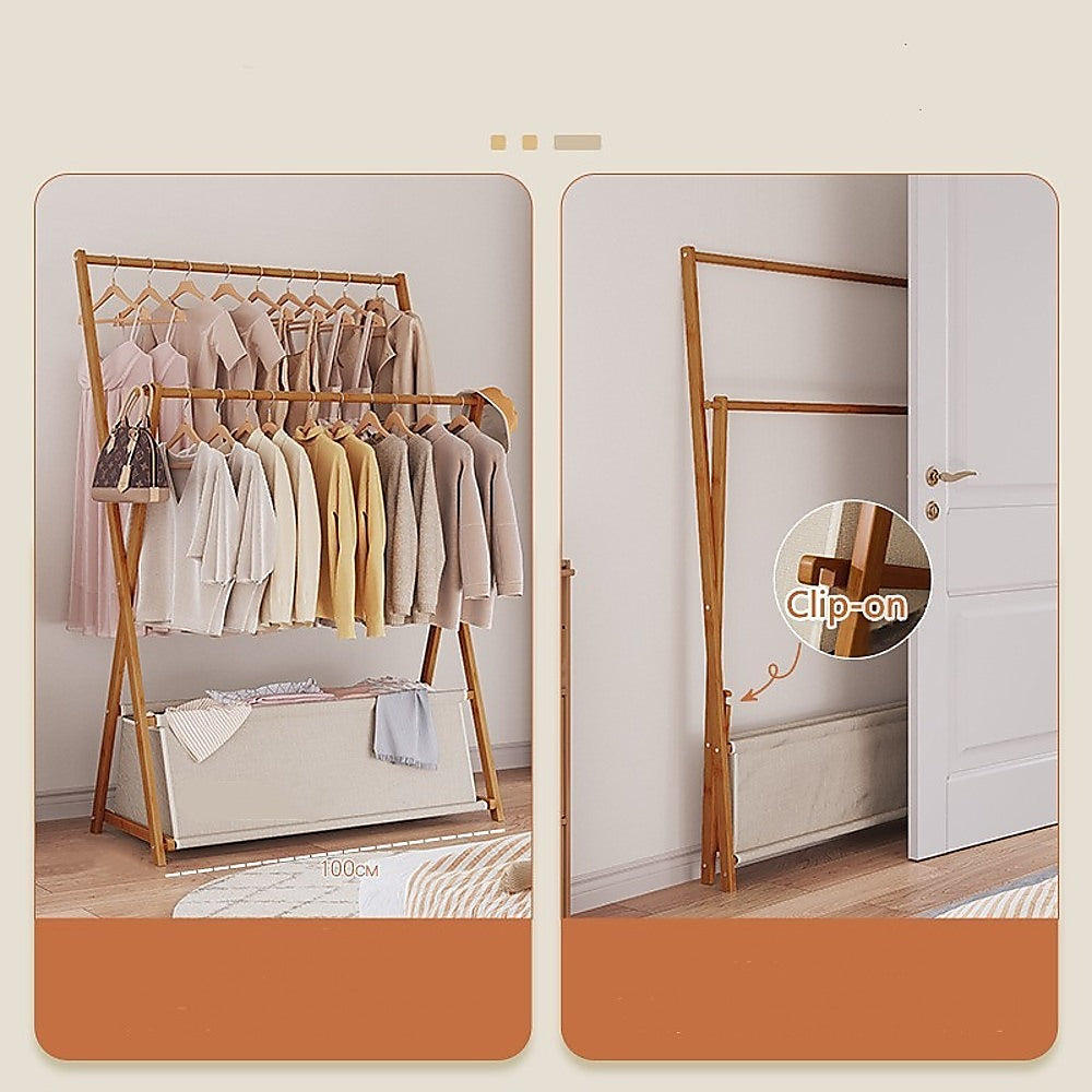 Clothing & Wardrobe Storage: 100x155cm Dark Wood Clothes Rail Garment Rack with Freestanding Storage Shelf