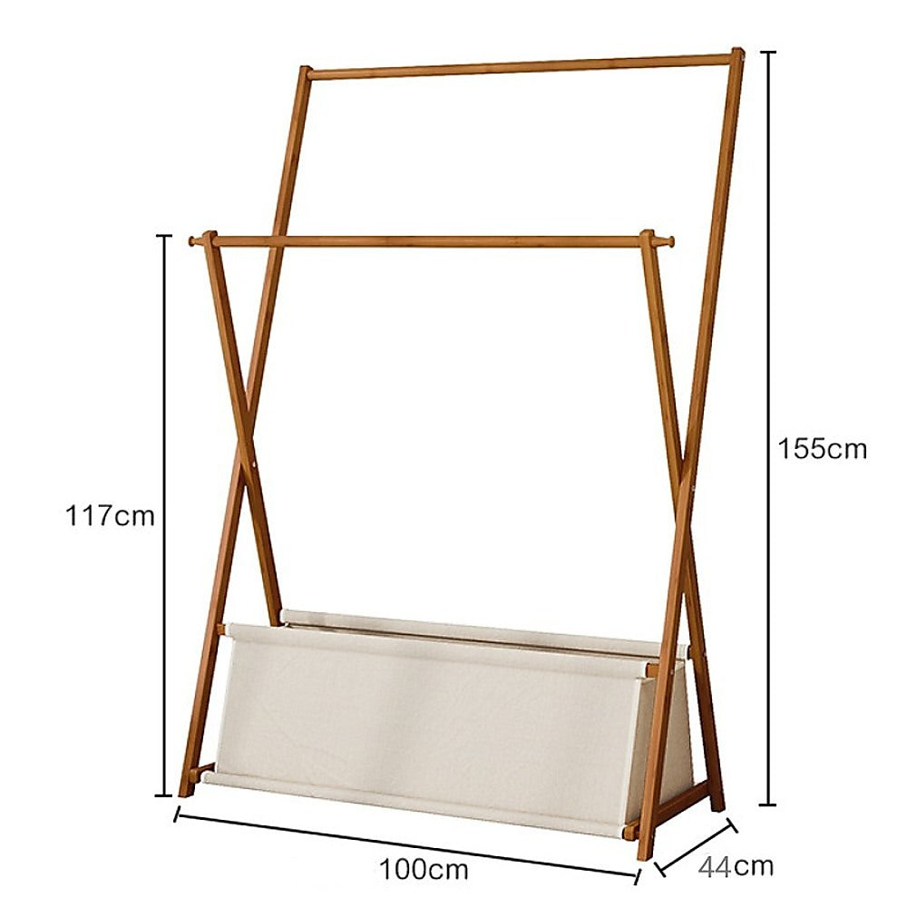 Clothing & Wardrobe Storage: 100x155cm Dark Wood Clothes Rail Garment Rack with Freestanding Storage Shelf