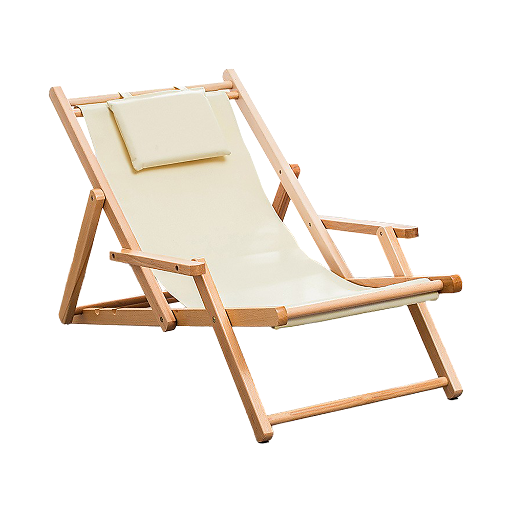 Premium Foldable Wooden Sling Chair Outdoor Patio Lounge Chair with Head Cushion
