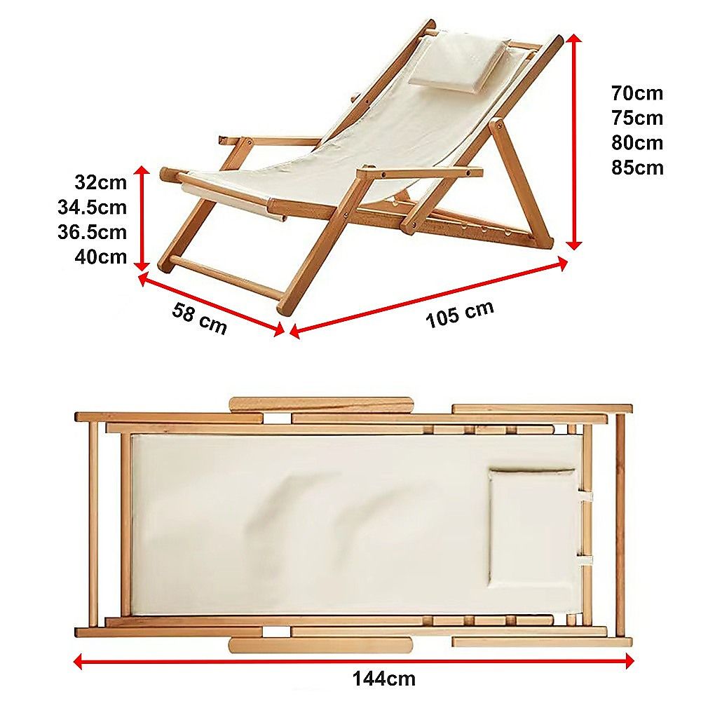 Premium Foldable Wooden Sling Chair Outdoor Patio Lounge Chair with Head Cushion