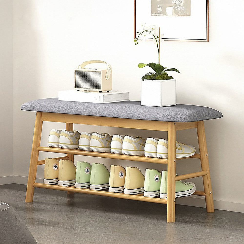 Bamboo Shoe Storage Bench Entryway Shoe Rack Cabinet with Cushion Seat & Hidden Storage