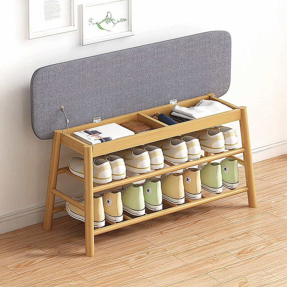 Bamboo Shoe Storage Bench Entryway Shoe Rack Cabinet with Cushion Seat & Hidden Storage