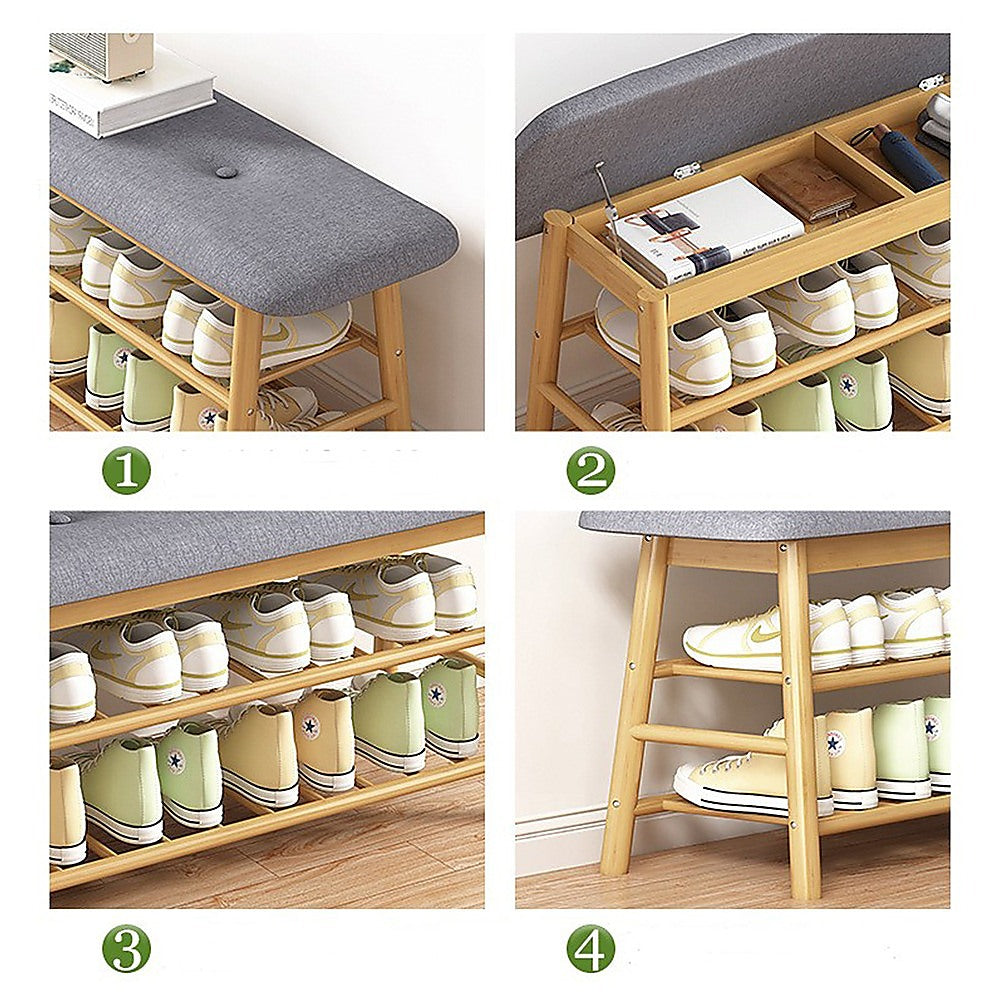 Bamboo Shoe Storage Bench Entryway Shoe Rack Cabinet with Cushion Seat & Hidden Storage