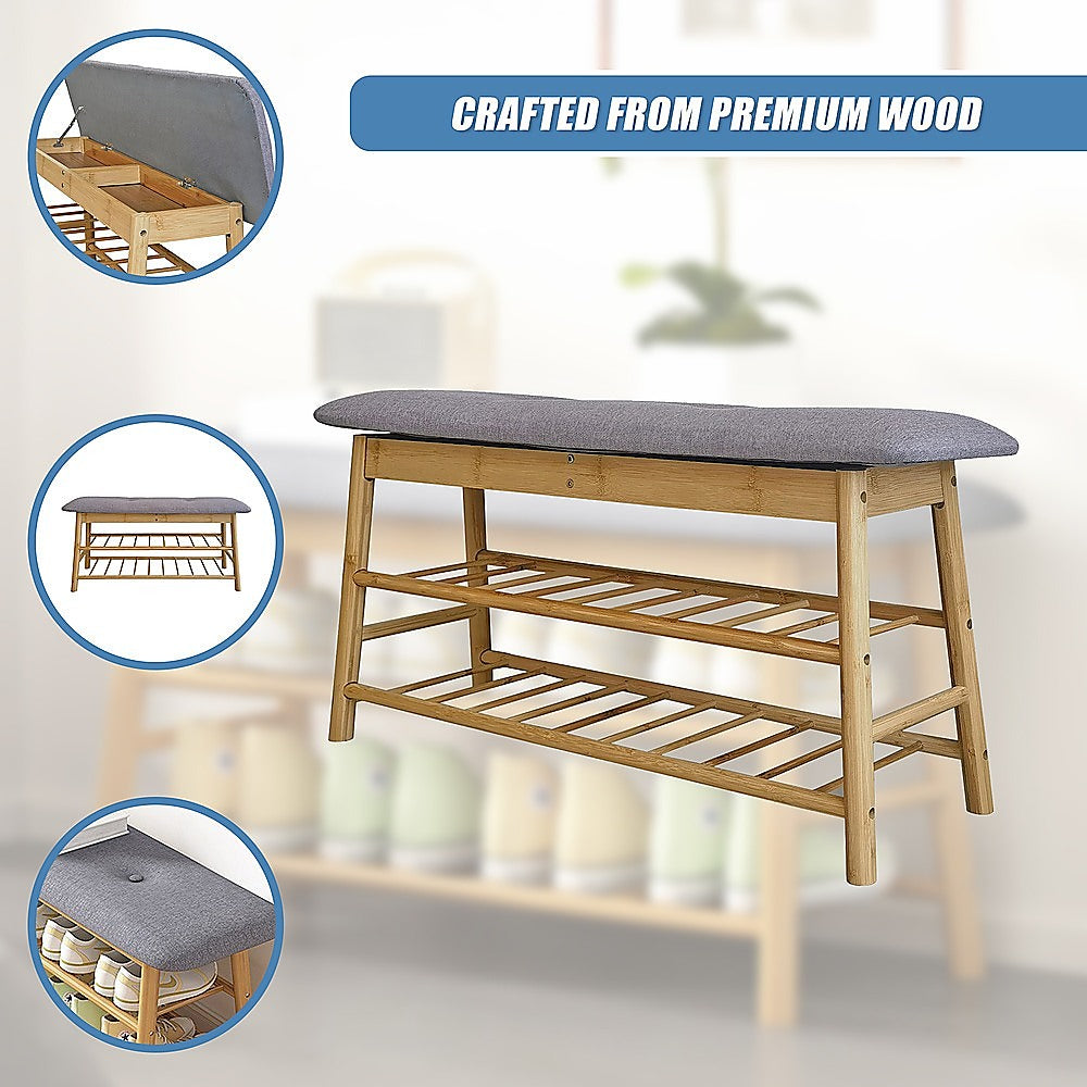 Bamboo Shoe Storage Bench Entryway Shoe Rack Cabinet with Cushion Seat & Hidden Storage