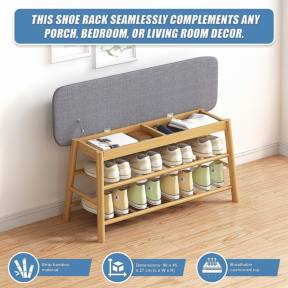 Bamboo Shoe Storage Bench Entryway Shoe Rack Cabinet with Cushion Seat & Hidden Storage