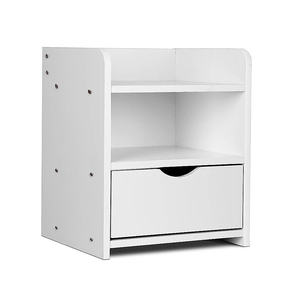 White Bedside Table with Drawer & Open Shelves Bedroom Nightstand Storage Cabinet
