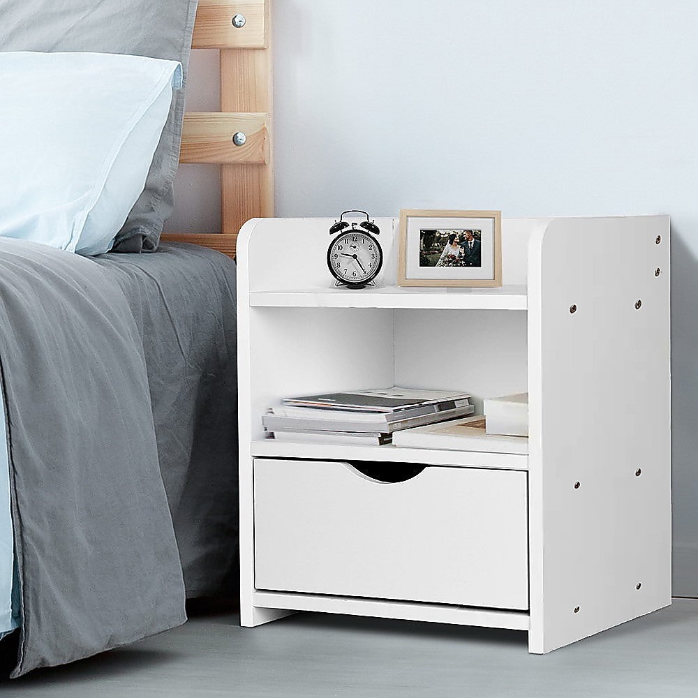 White Bedside Table with Drawer & Open Shelves Bedroom Nightstand Storage Cabinet