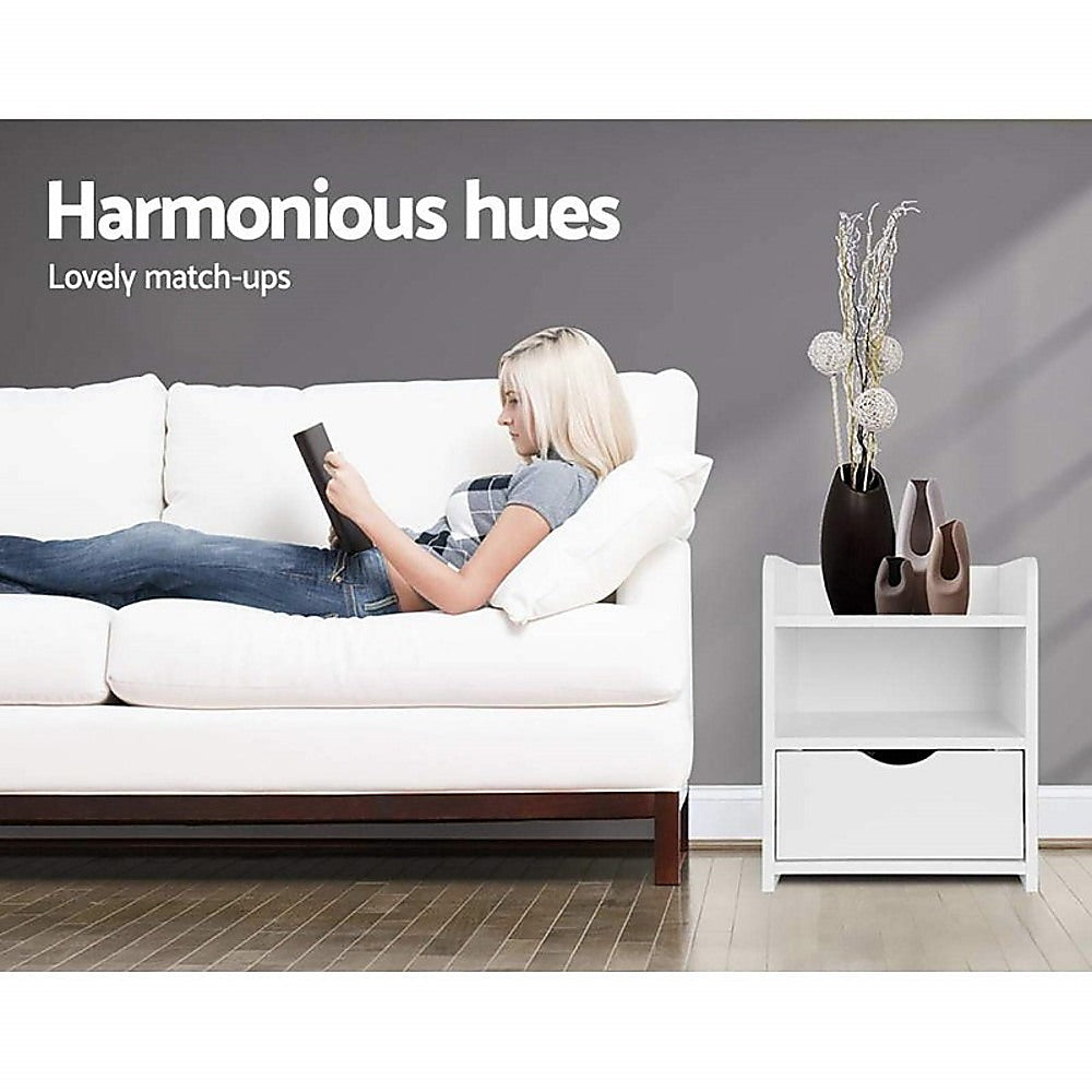 White Bedside Table with Drawer & Open Shelves Bedroom Nightstand Storage Cabinet