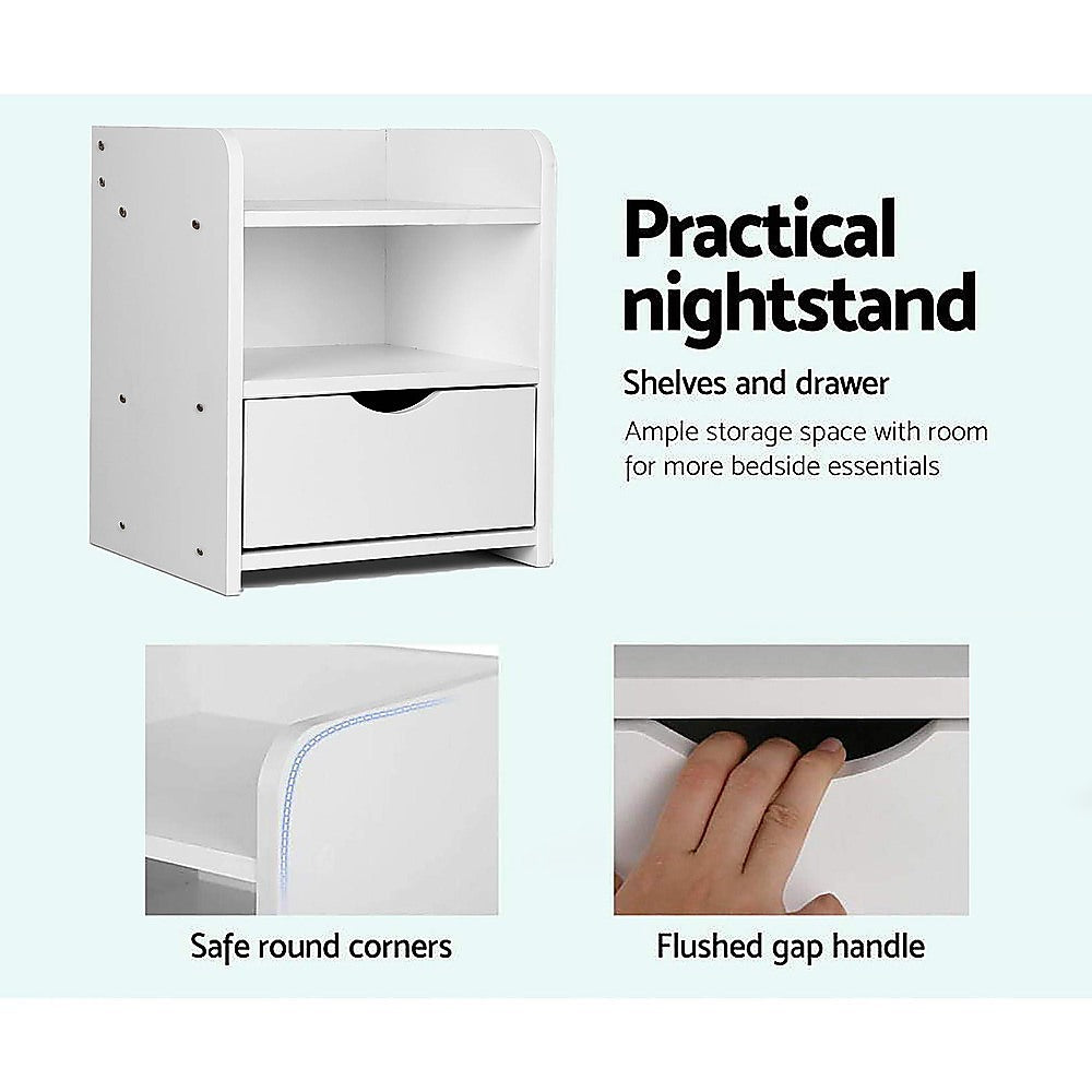 White Bedside Table with Drawer & Open Shelves Bedroom Nightstand Storage Cabinet