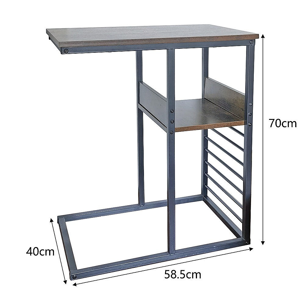 Industrial C Shaped Sofa Side Table with Wooden Shelf Couch Laptop Snack End Table