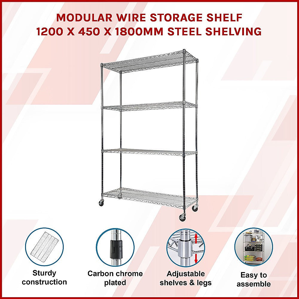 Modular Wire Storage 120x45cm Steel Shelving Chrome With Wheels For Garage Kitchen Or Retail Storage
