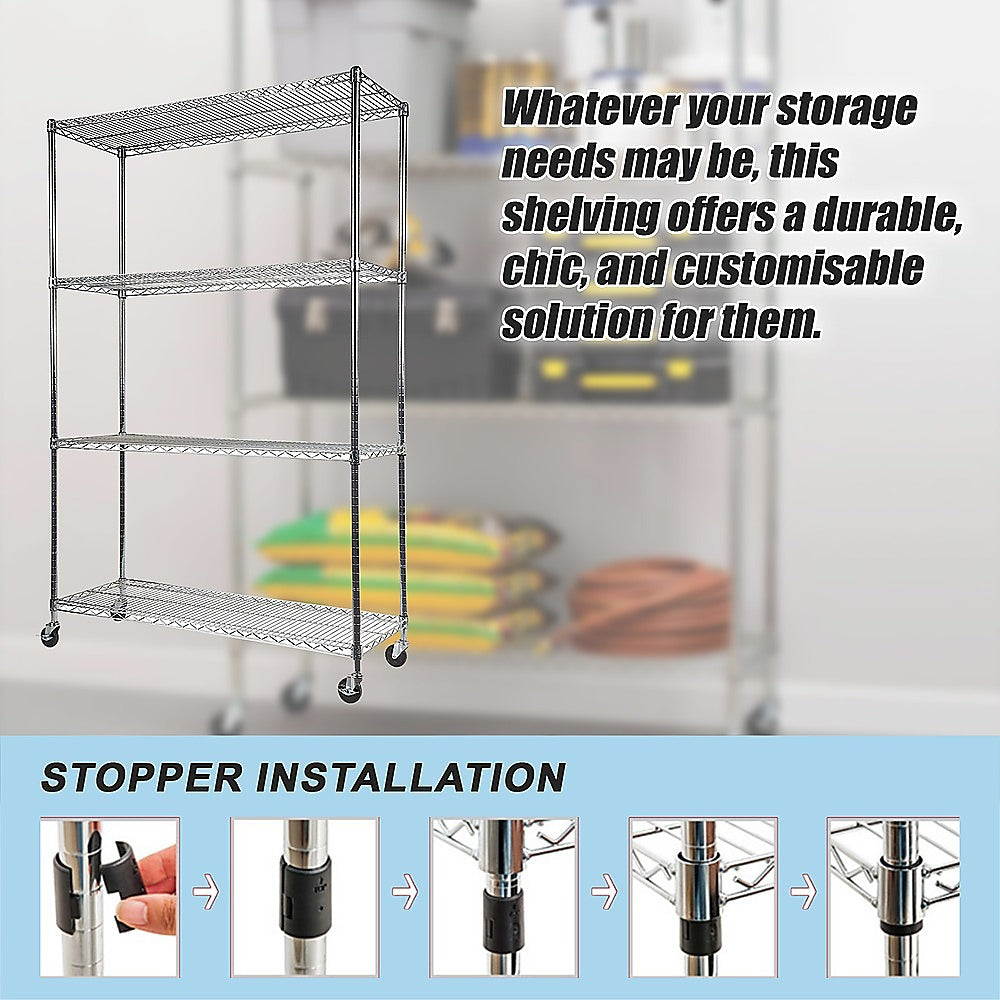 Modular Wire Storage 120x45cm Steel Shelving Chrome With Wheels For Garage Kitchen Or Retail Storage