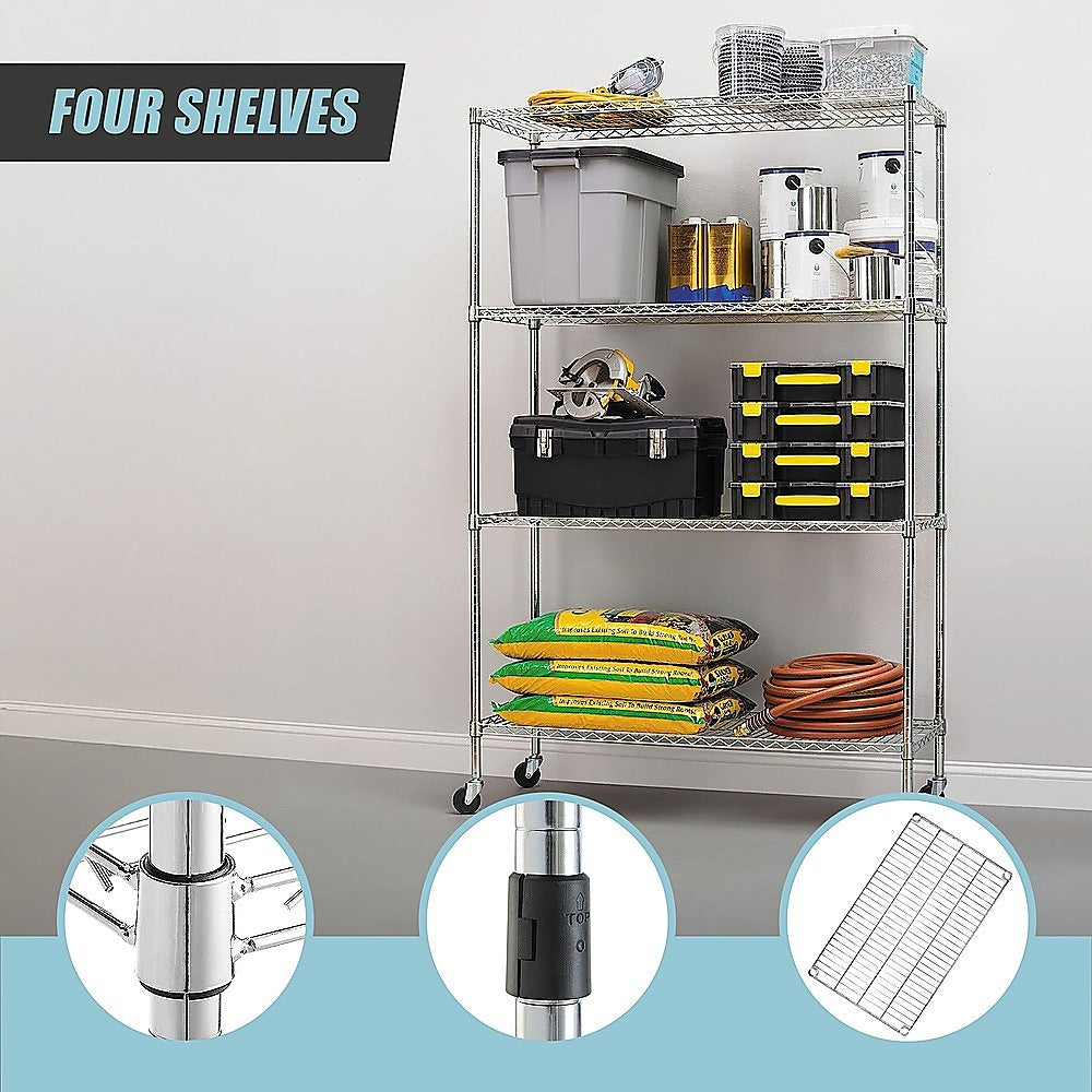 Modular Wire Storage 120x45cm Steel Shelving Chrome With Wheels For Garage Kitchen Or Retail Storage