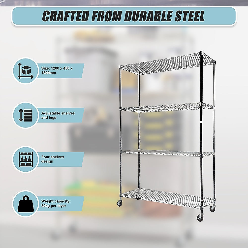 Modular Wire Storage 120x45cm Steel Shelving Chrome With Wheels For Garage Kitchen Or Retail Storage
