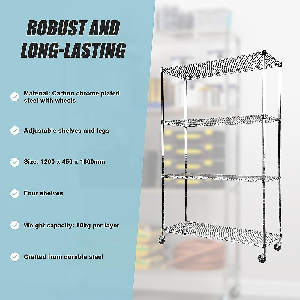 Modular Wire Storage 120x45cm Steel Shelving Chrome With Wheels For Garage Kitchen Or Retail Storage
