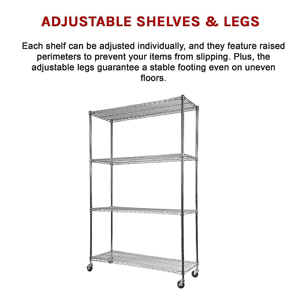 Modular Wire Storage 120x45cm Steel Shelving Chrome With Wheels For Garage Kitchen Or Retail Storage