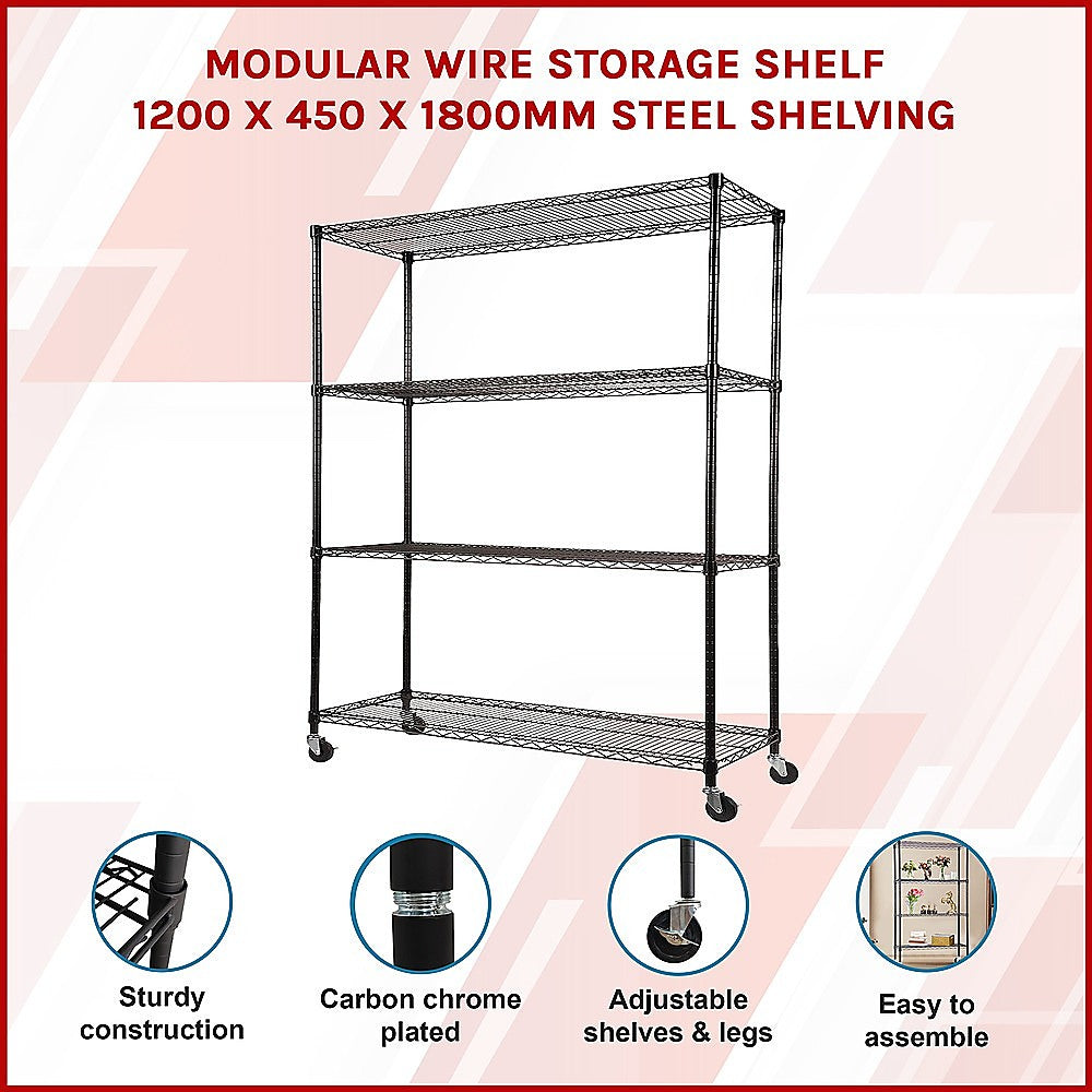 Modular Wire Storage 120x45cm Steel Shelving Black With Wheels For Garage Kitchen Or Retail Storage