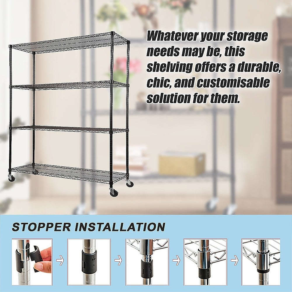Modular Wire Storage 120x45cm Steel Shelving Black With Wheels For Garage Kitchen Or Retail Storage