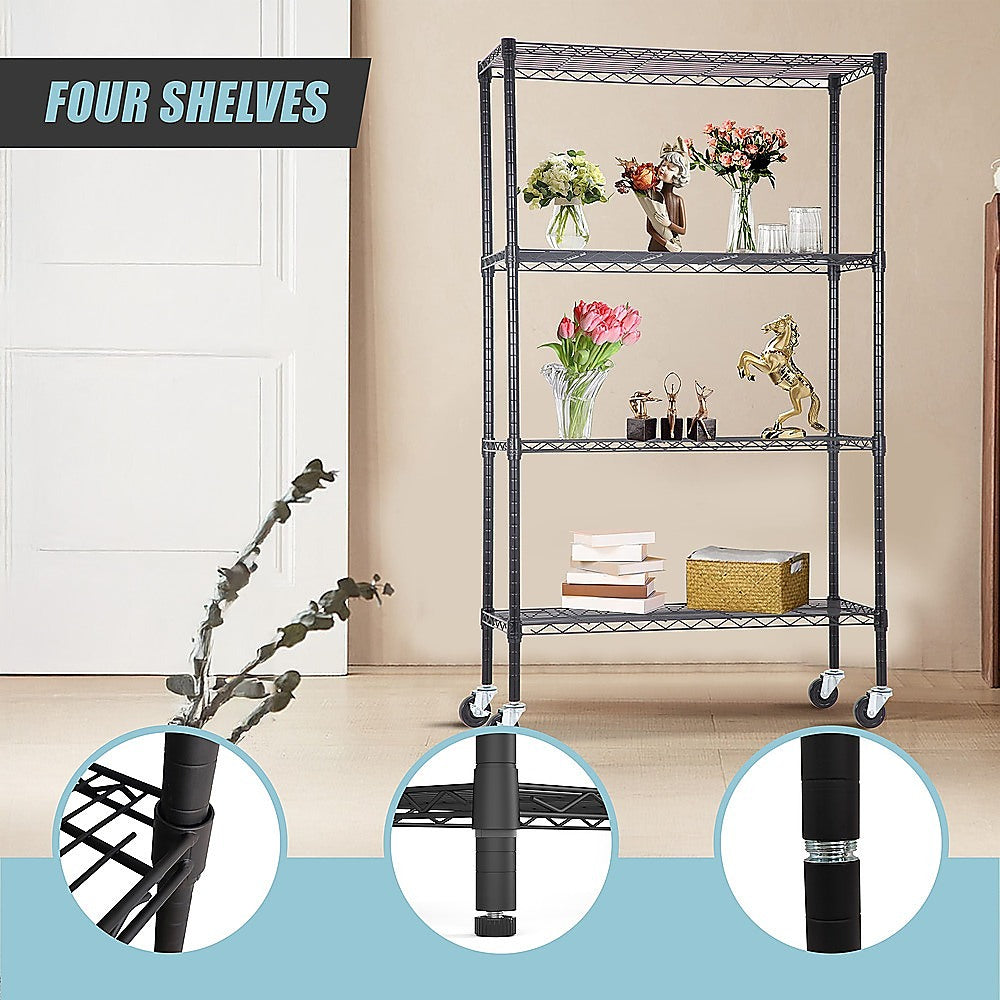 Modular Wire Storage 120x45cm Steel Shelving Black With Wheels For Garage Kitchen Or Retail Storage