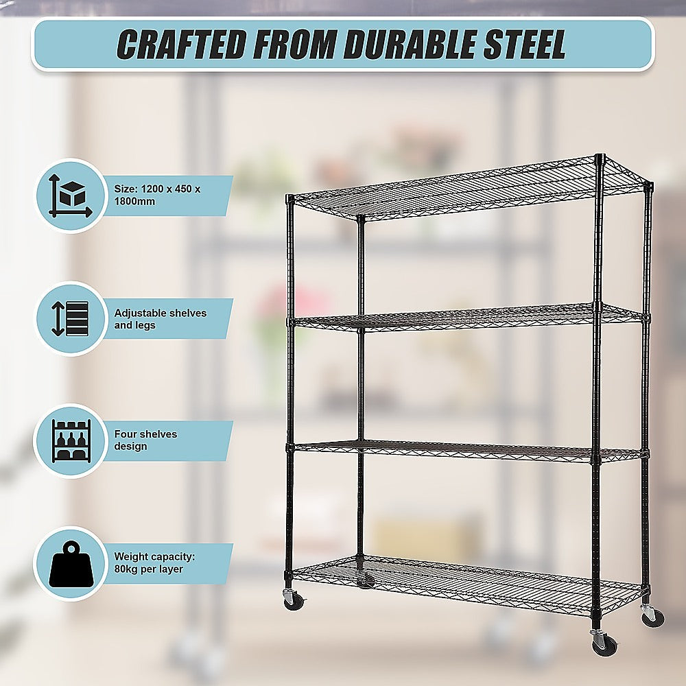 Modular Wire Storage 120x45cm Steel Shelving Black With Wheels For Garage Kitchen Or Retail Storage