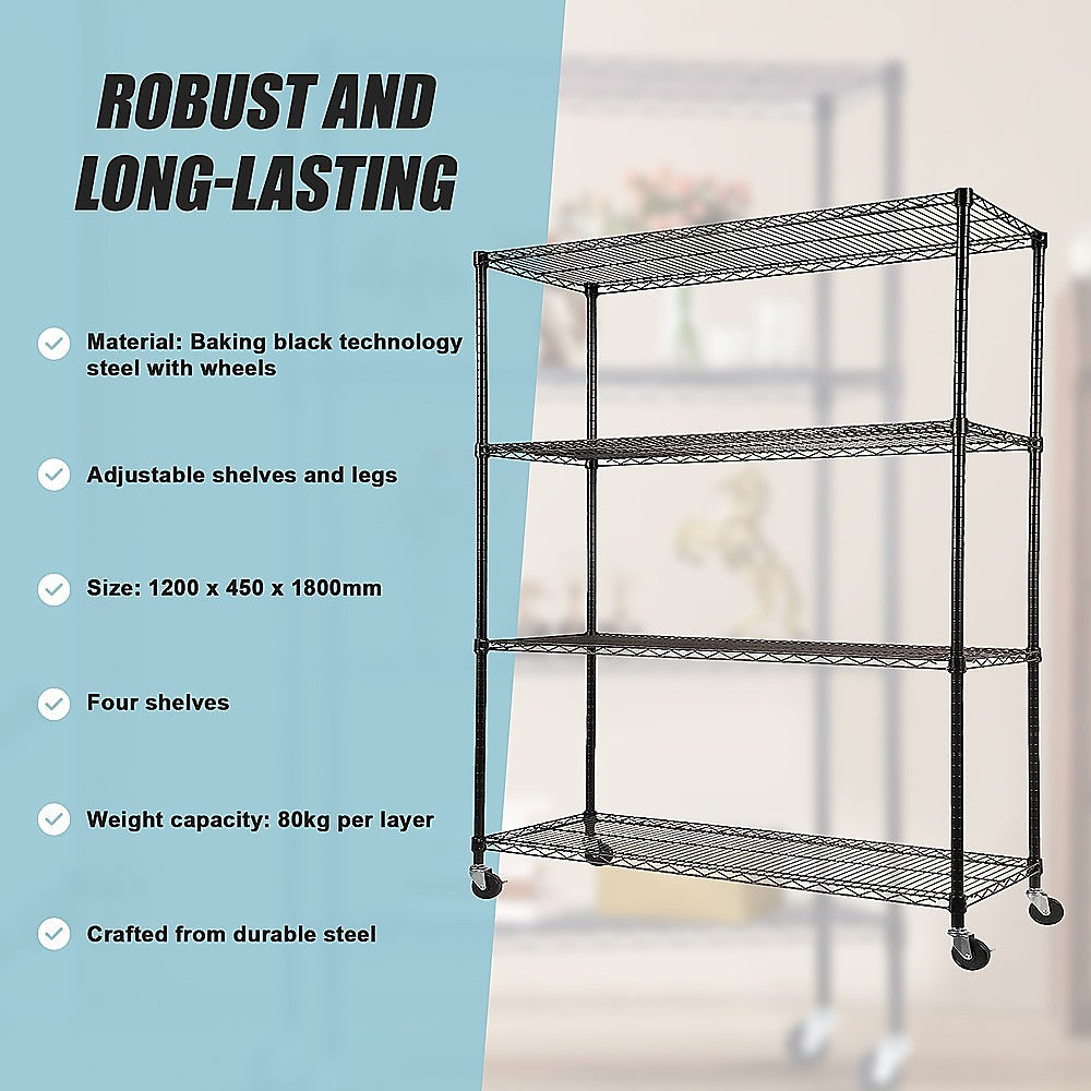 Modular Wire Storage 120x45cm Steel Shelving Black With Wheels For Garage Kitchen Or Retail Storage