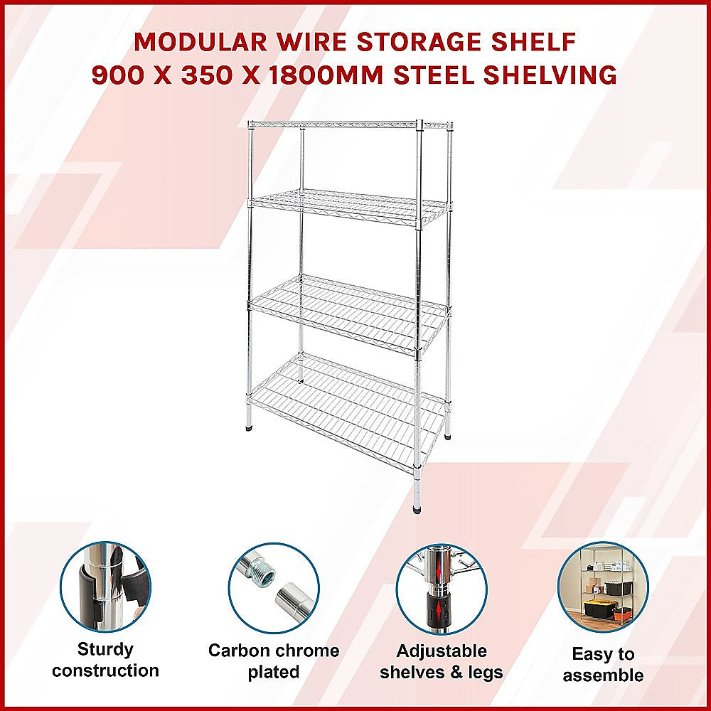 Modular Wire Storage 90x35cm Steel Shelving Chrome With Fixed Legs For Garage Warehouse Or Kitchen Organisation