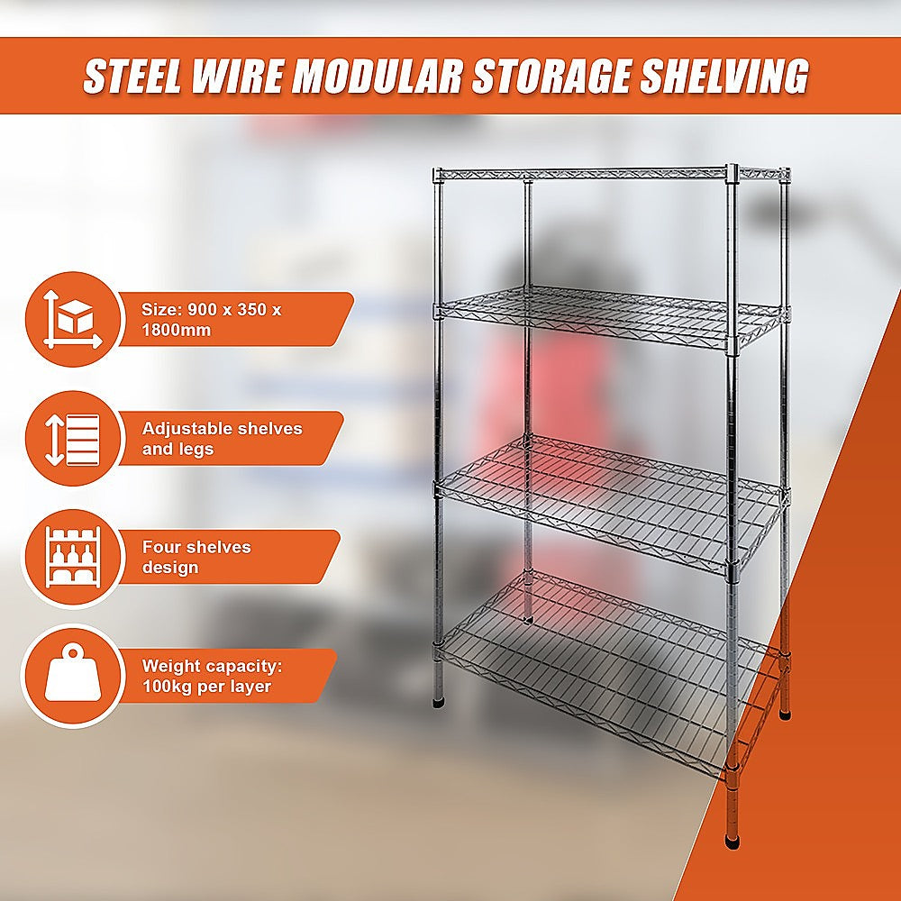 Modular Wire Storage 90x35cm Steel Shelving Chrome With Fixed Legs For Garage Warehouse Or Kitchen Organisation