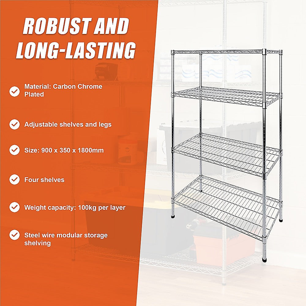 Modular Wire Storage 90x35cm Steel Shelving Chrome With Fixed Legs For Garage Warehouse Or Kitchen Organisation