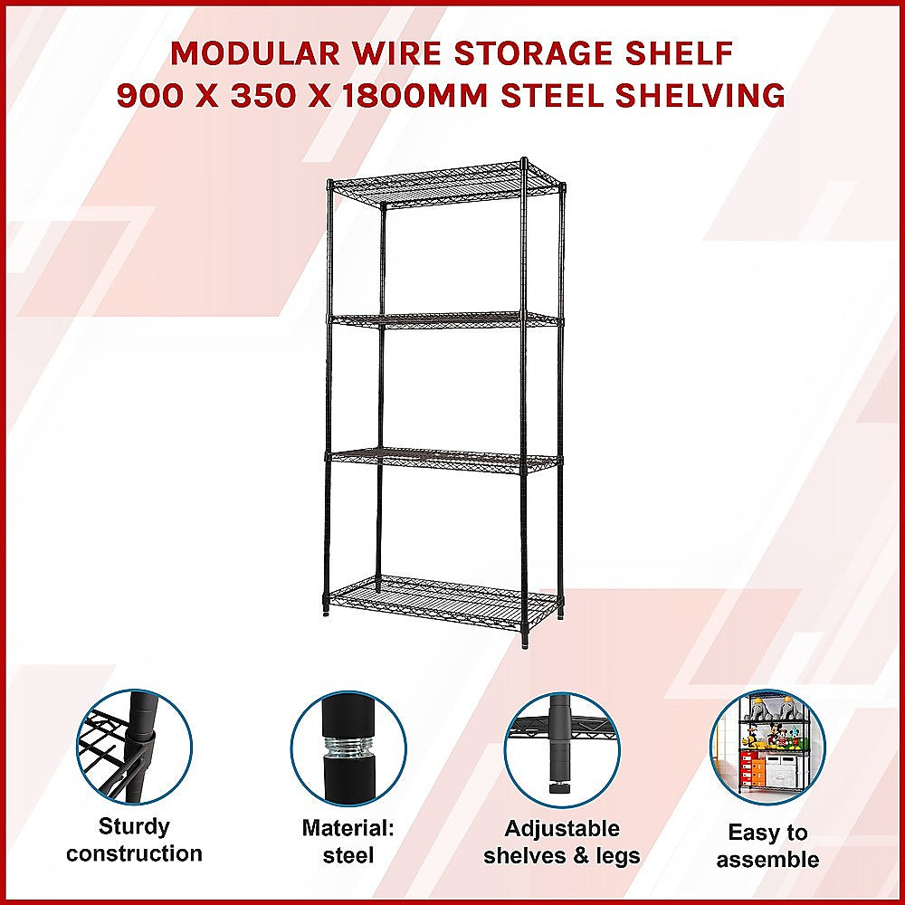 Modular Wire Storage 90x35cm Steel Shelving Black With Fixed Legs For Garage Warehouse Or Kitchen Organisation