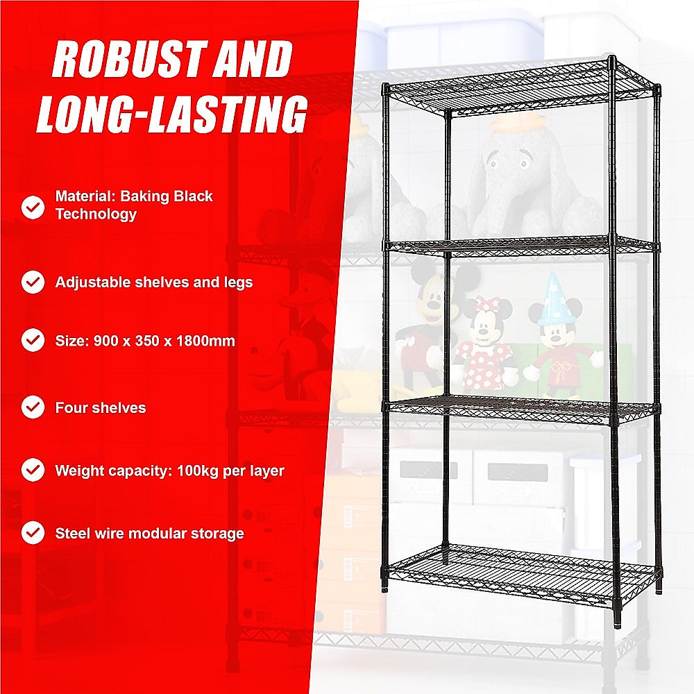 Modular Wire Storage 90x35cm Steel Shelving Black With Fixed Legs For Garage Warehouse Or Kitchen Organisation